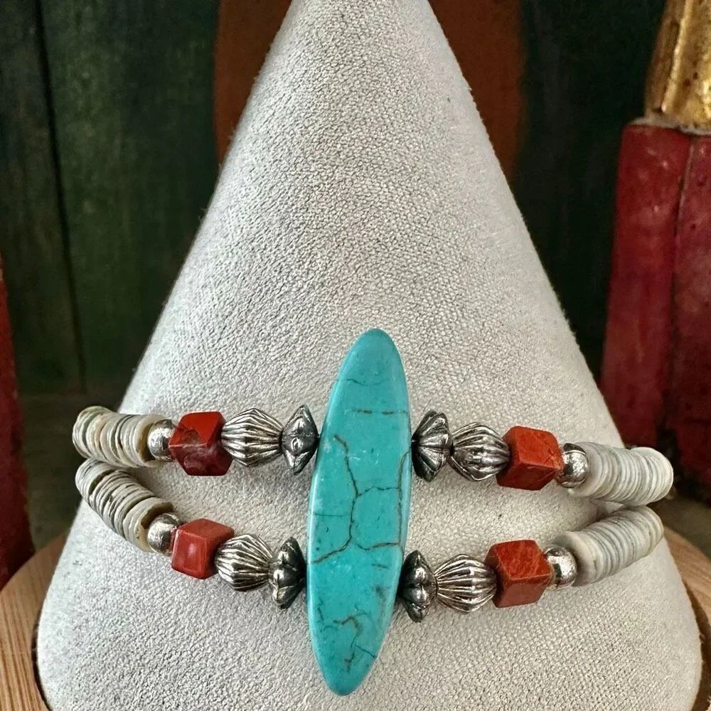Southwestern Dyed Howlite, Coral & Shell Beaded Bracelet